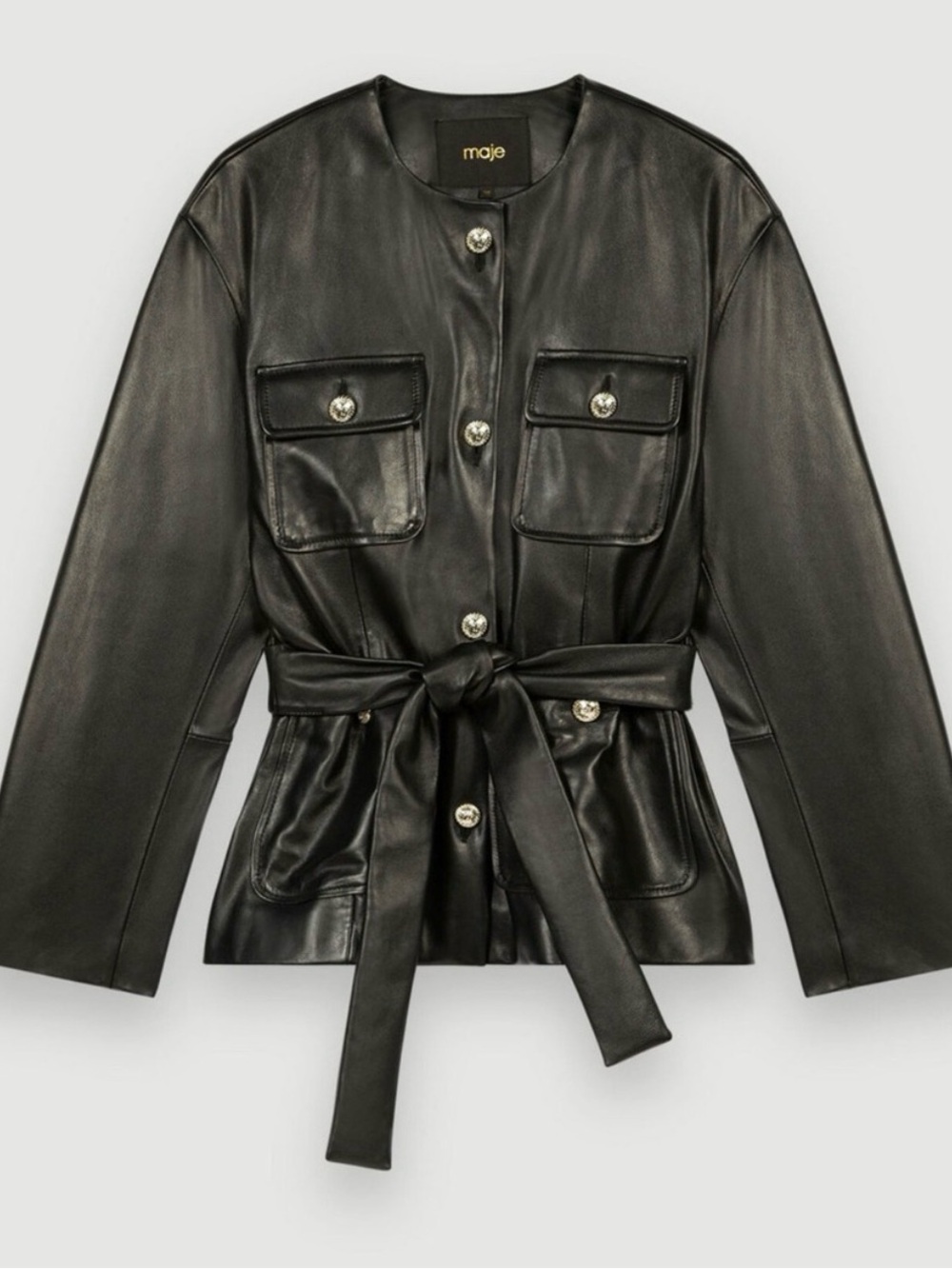 Maje Black Leather Tie-Waist Utility Jacket